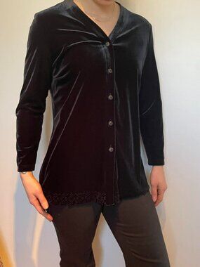 Vintage Black Velvet Cardigan Blouse Romantic Goth Button Front Lace Hem Top M